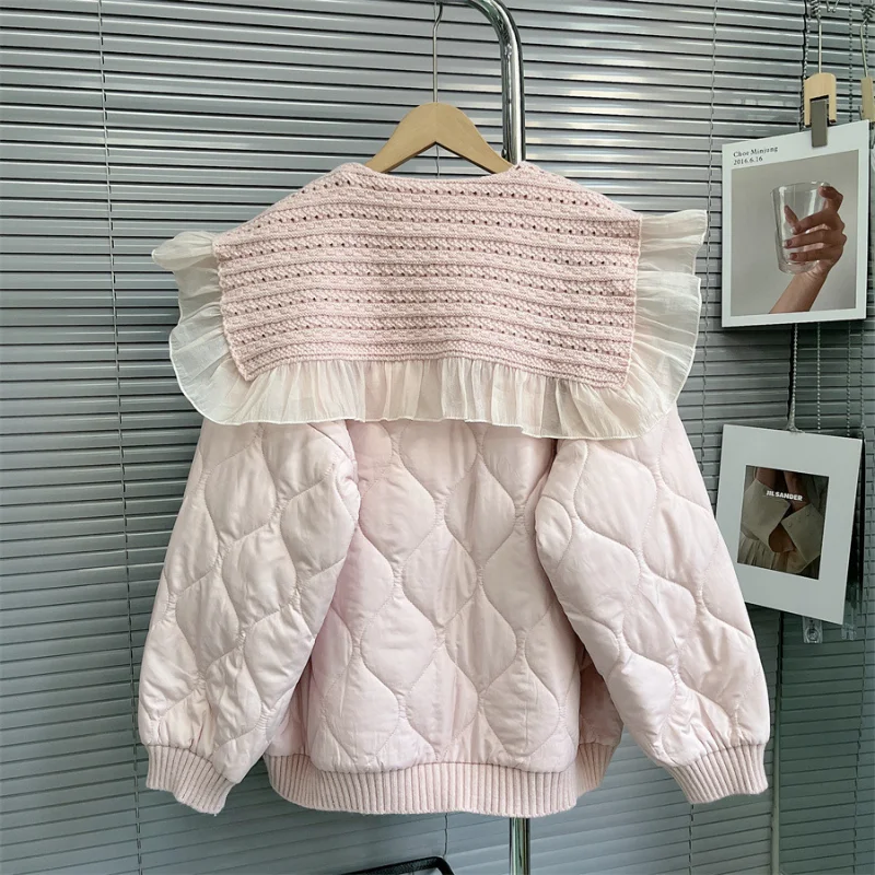 Korean Chic Sweet Peter Pan Collar Knitted Patchwork Sweater Parka Single Breasted Loose Jacket Autumn Winter Fashion Outwears