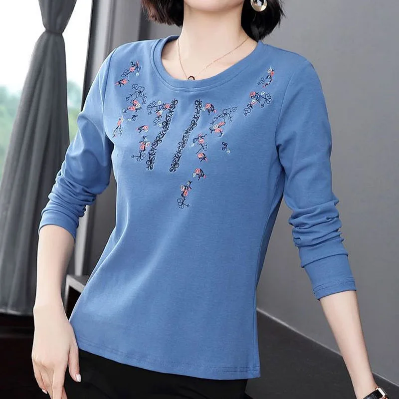 Pure Cotton Exquisite Embroidery Plus Size Comfortable Spring Summer Round Neck Long Sleeve Women\'s Clothing Floral T-Shirts