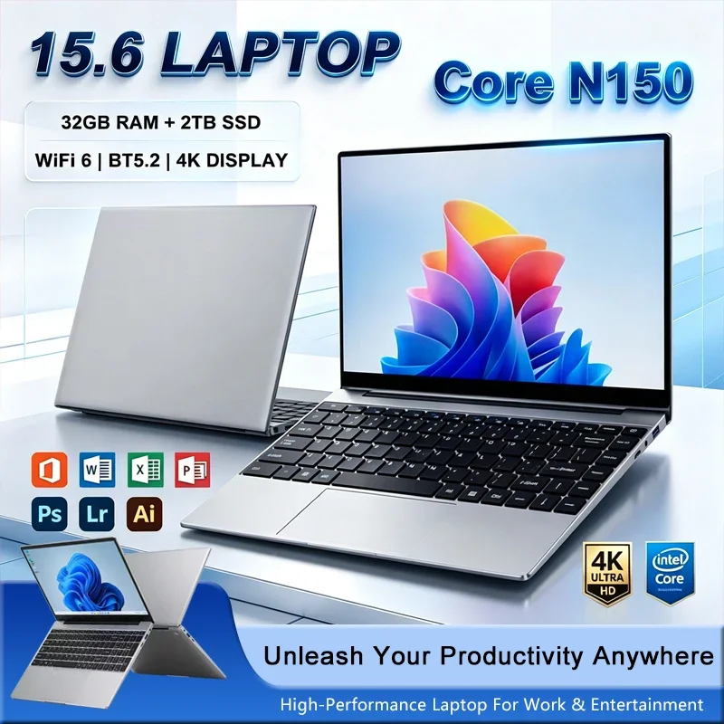 15.6 Inch Full HD IPS Laptop 120Hz Screen Intel Core N150 32GB RAM 2TB SSD Backlit Keyboard Long Battery Life Windows 11