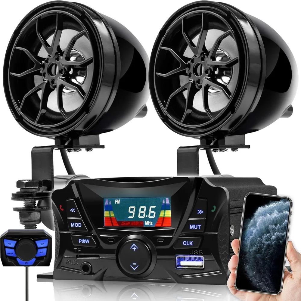 Motorcycle Weatherproof Bluetooth Speakers 7/8-1.25 in. Handlebar Mount MP3 Music Player Sound Audio Stereo Amplifier System