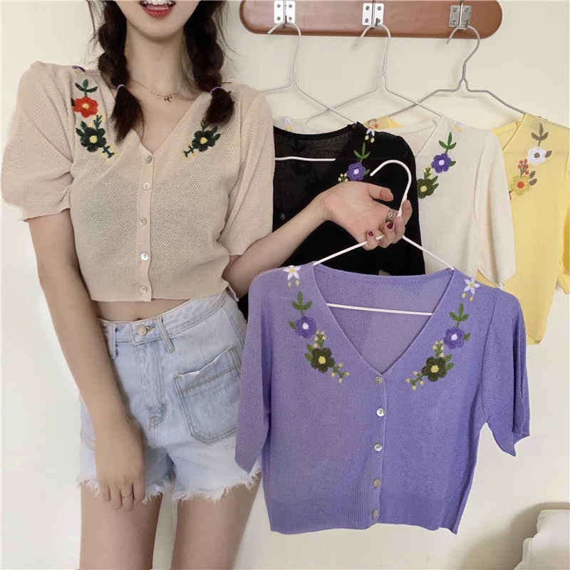 

Women V-Neck Knitted Short Sleeve Cardigans Lady Summer Thin Above Navel Sweater Shirt Crop Tops For Girls