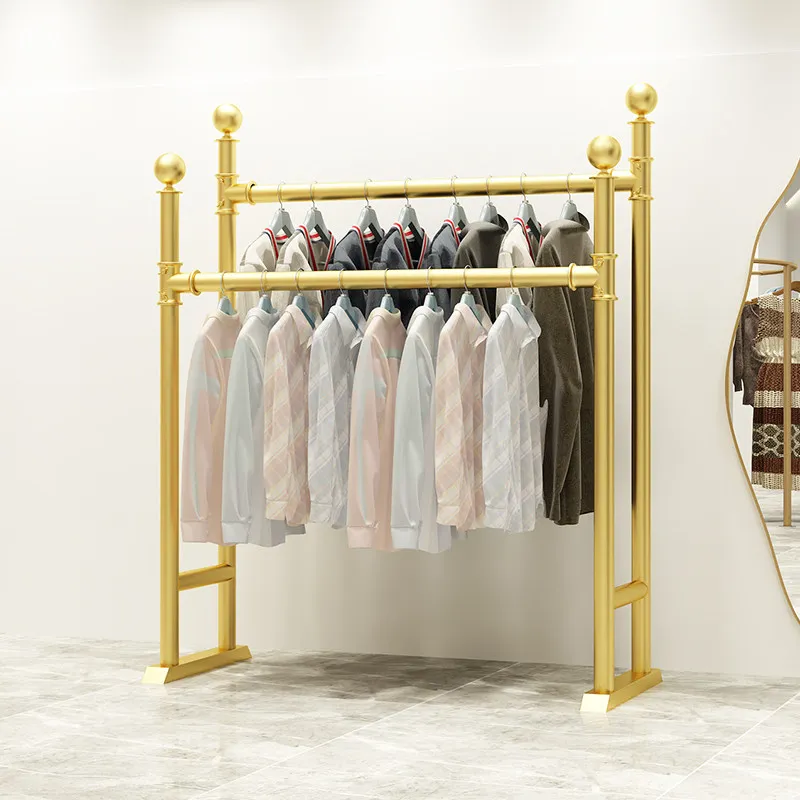 Clothing store display rack floor-to-ceiling gold double-pole shelf decoration simple  clothing special double-layer hanger