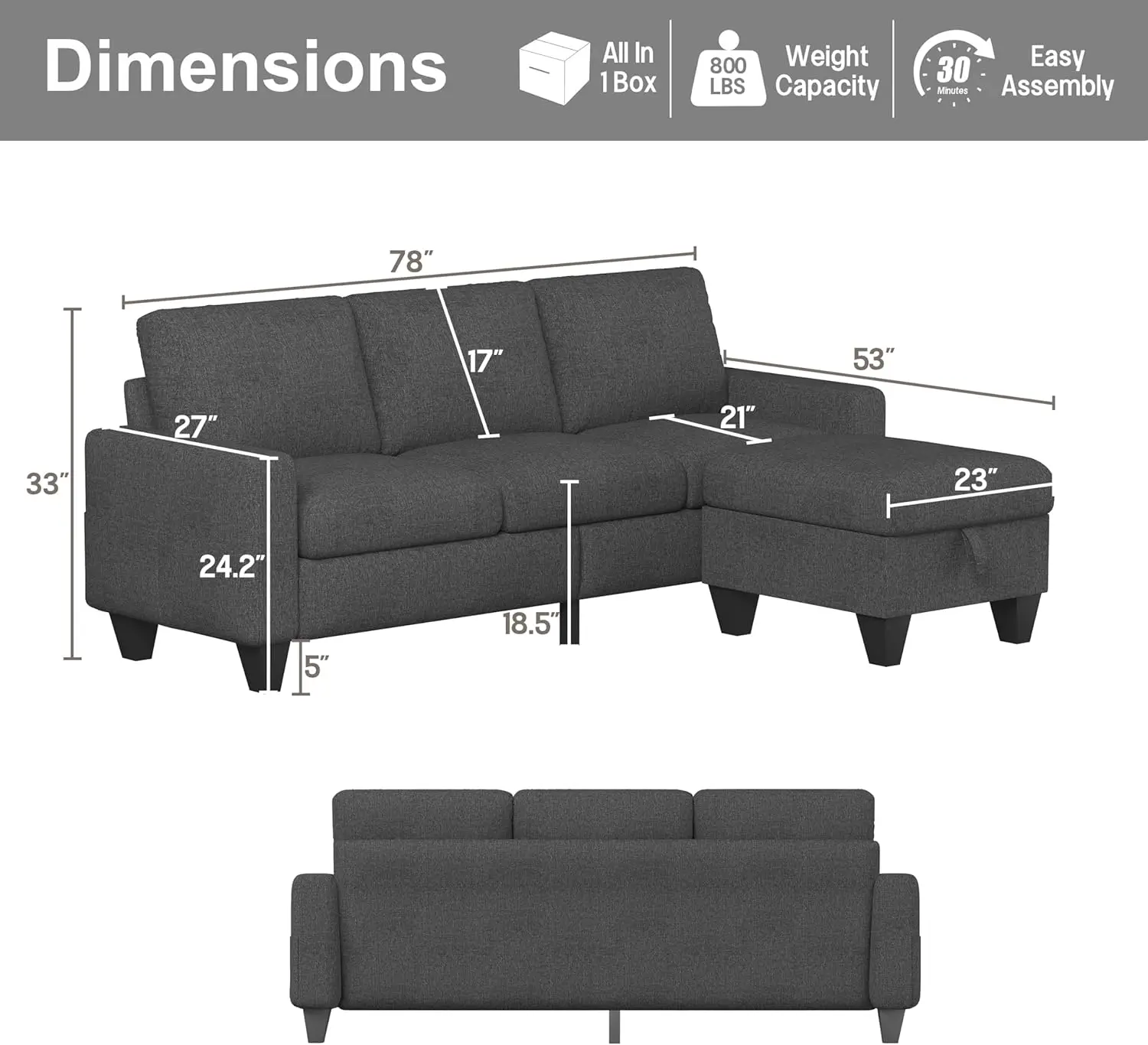 78'' Convertible Sectional Sofa Couch: Dark Grey 3 Seat L-Shaped Sofa Couches with Storage Ottoman and Pockets