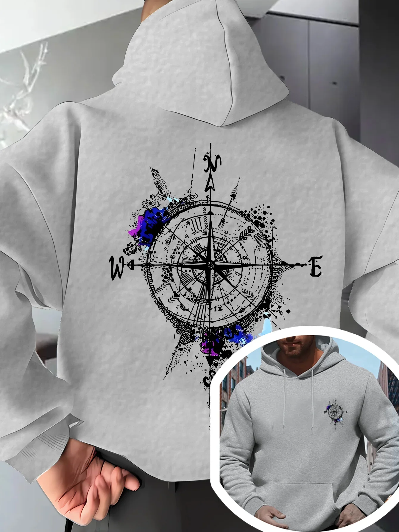 New Men's Autumn/Winter Fashionable Hooded Sweatshirt – American High-Street Style, Compass Print, Versatile and Comfortable.