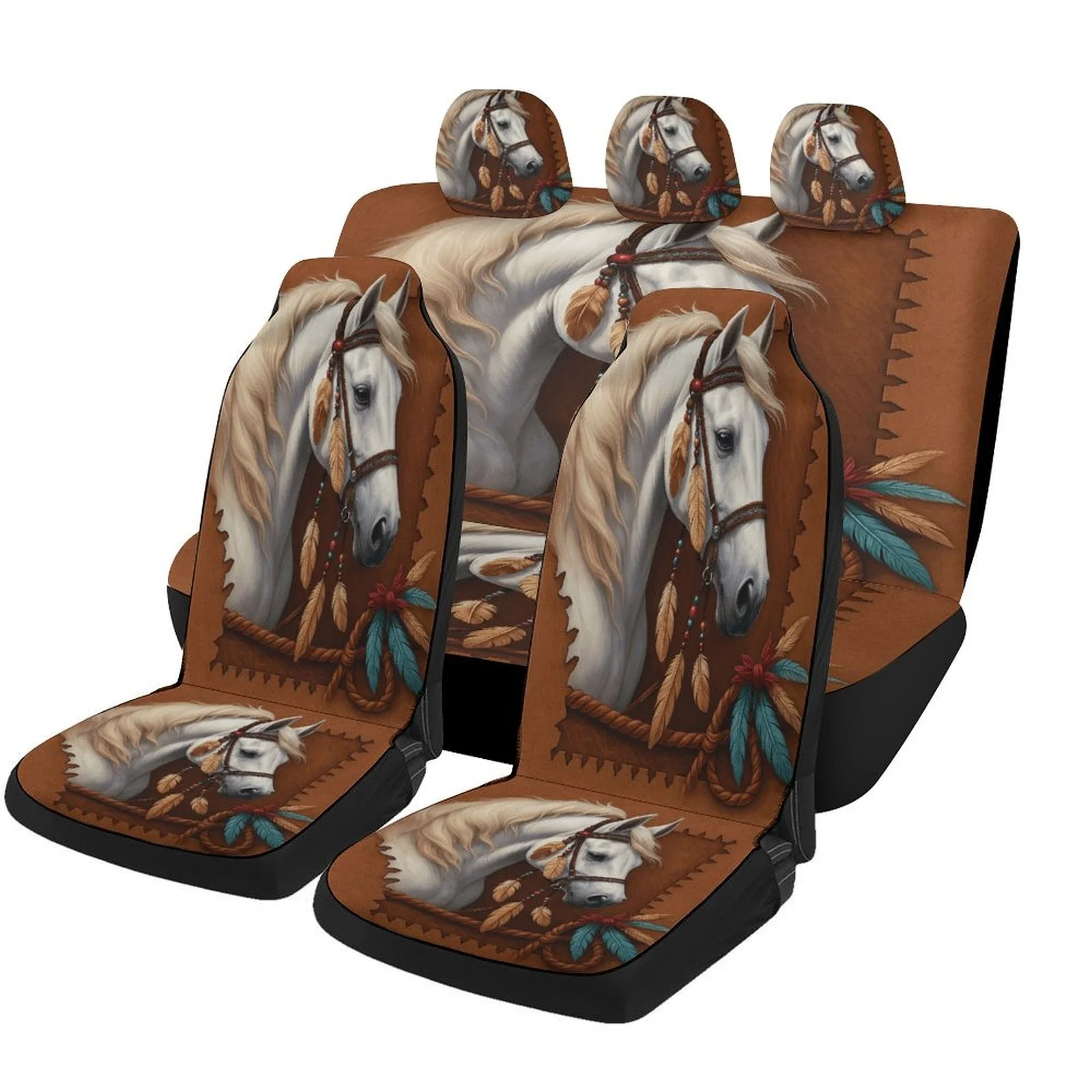 Set Of Car Seat Covers Featuring A White Horse Portrait, Designed For A Variety Of Vehicles. These Stylish And High-Quality Prot