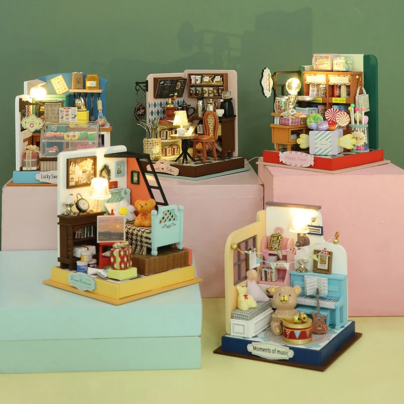 Mini Doll Houses Miniature 3D Puzzle Assembly Model Building Kits With Furniture LED  Wooden Craft Dollhouse Toys For Gifts