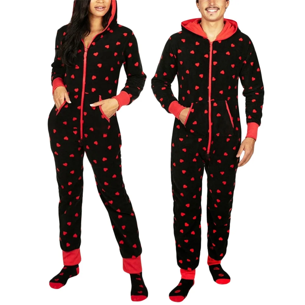 Hooded Long Sleeve Zipper-Up Pyjamas Nightwear Autumn Winter Velvet Homewear Clothes Women Men Couples Print Romper Sleepwear