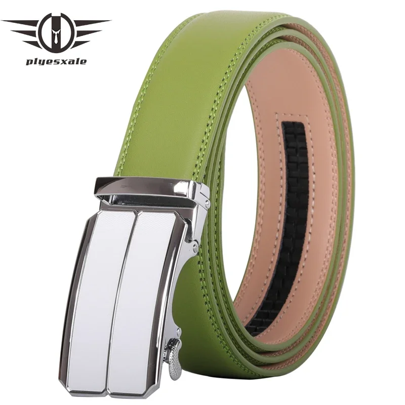 Plyesxale Fashion Green Genuine Leather Belts For Men Luxury Designer Automatic Buckle Belt Man Business Formal Belts Male B104