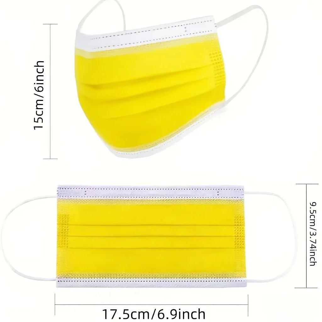 200 unidades de máscaras protetoras descartáveis amarelas – 3 camadas espessadas, respiráveis e confortáveis, presilhas para os ouvidos ajustáveis e almofadas nasal encaixe confortável - 200/100/50/10 peças, baratas pa