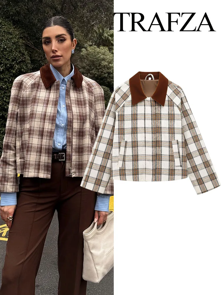 TRAFZA Women Spring New Fashion Jackets Plaid Turn-Down Collar Long Sleeve Pockets Zipper Female High Street Short Jacket