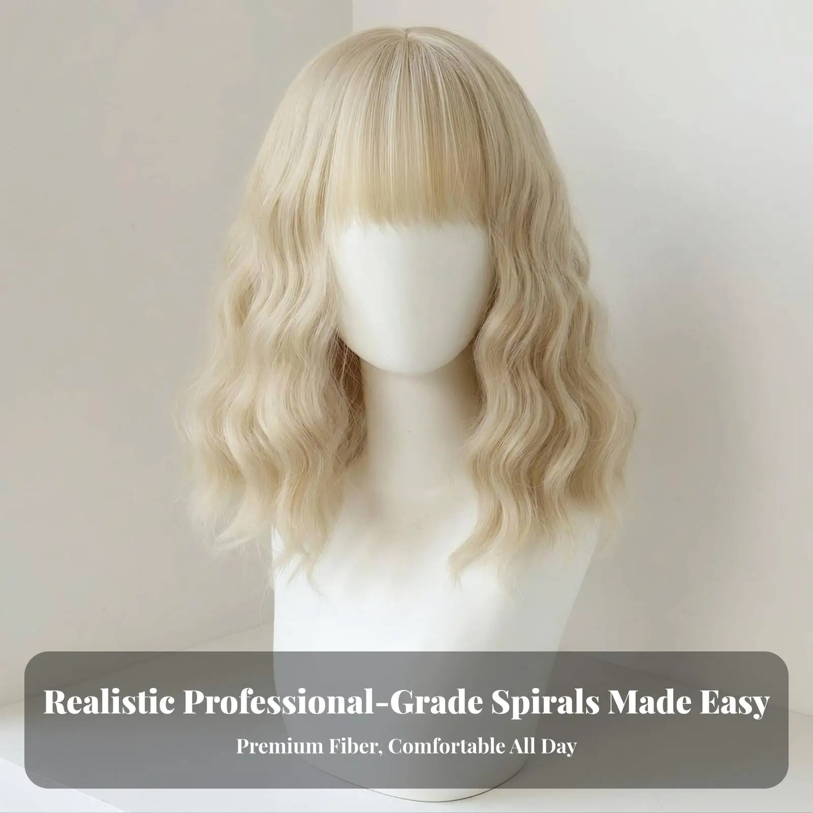 Curly Blonde Short Wig with Blunt Bangs Machine Made Mesh Cap Breathable Fit 57cm Head Heat Resistant Fiber Hairpiece for Party
