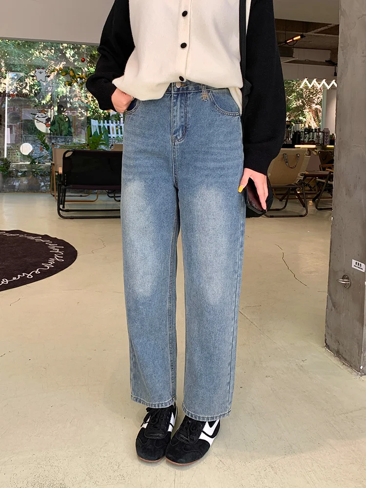 

Джинсы женские прямые с высокой талией Lin Da Hui, утепленные, осенне-зимние, повседневные, широкие, из денима, с эффектом похудения