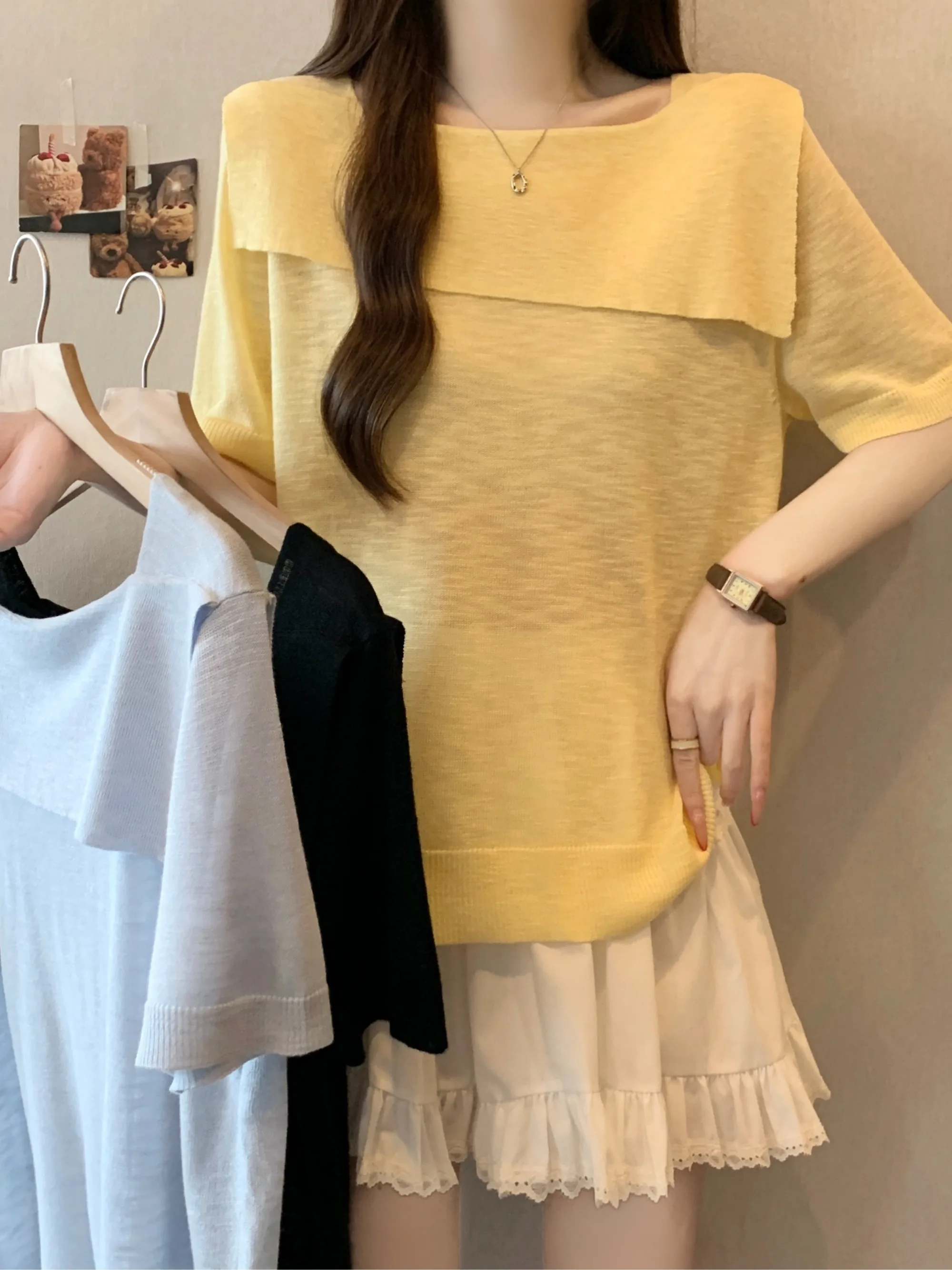 

plus Size Lazy Style One Shoulder Ice Silk Short Sleeve Knitted Top Women Summer New Design Slimming Trendy Top Korean Style