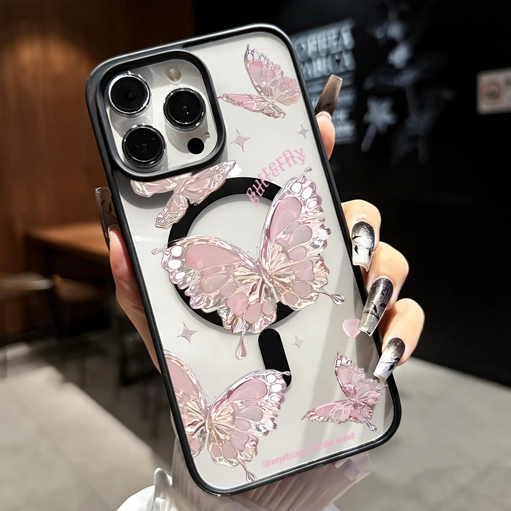 Niedliche Rosa Schmetterling Transparente Hülle für iPhone 17 16 11 15 14 Pro Max 13 12 Plus Hüllen für Magsafe Kabelloses Laden Luxus-Schutzhülle – Detail 5