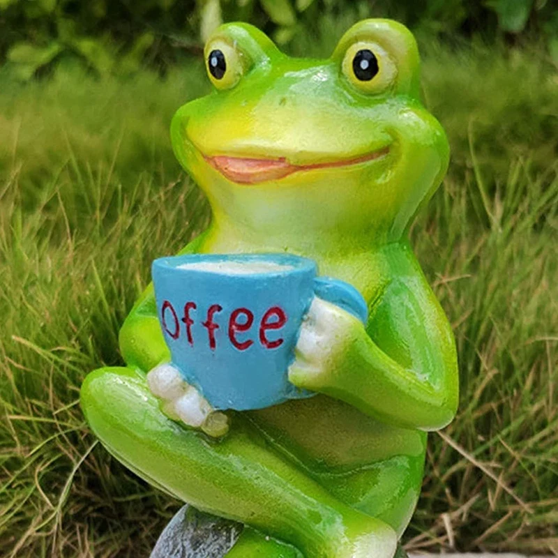 Frog Garden Statue Outdoor Animal Design Statuary Green Sitting Frog Drinking Coffee Stone Garden Statue For Home