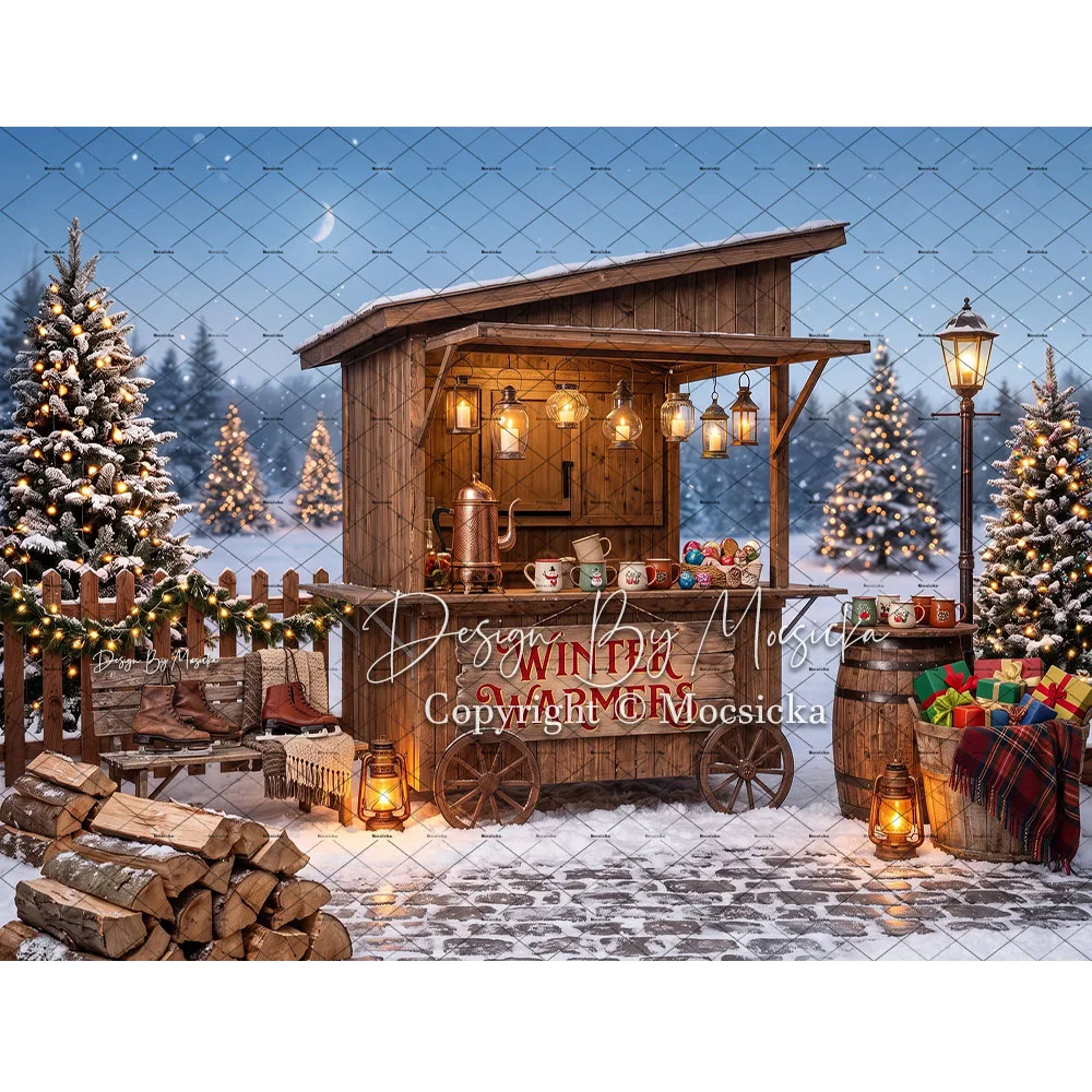 Mocsicka Christmas Backdrop Photography Snowy Cabin Frozen Ice Ground Wooden Hot Drink Hut Winter Background Family Xmas Photo