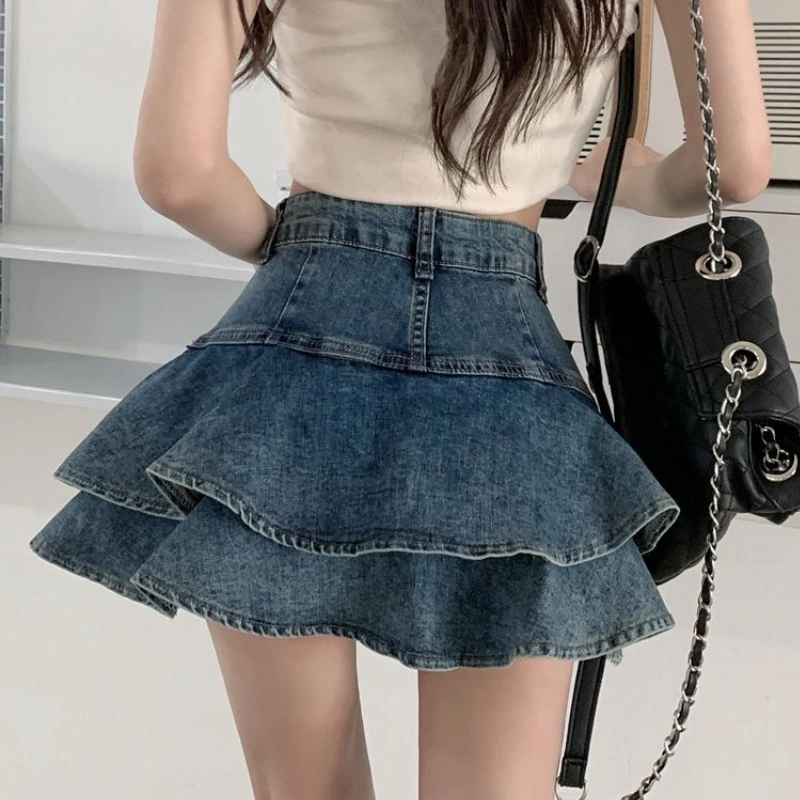 Ruffles Denim Skirts Women Summer Y2k Hot Girls Kawaii High Waist Faddish Vintage Streetwear Mini Skirt All-match Sexy Faldas