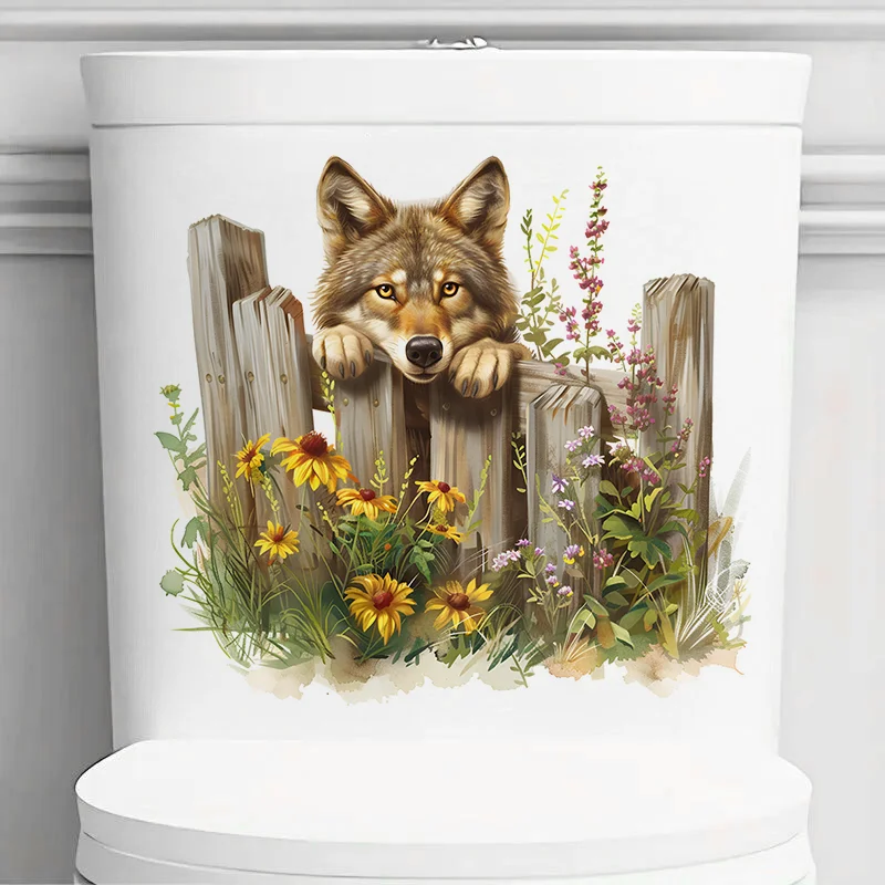 

C1202# Wolf with Woodne Fence Self-Adhesive Toilet Stickers,Wall Decal Removable, Reusable Vinyl Car Sticker for Bathroom Decor