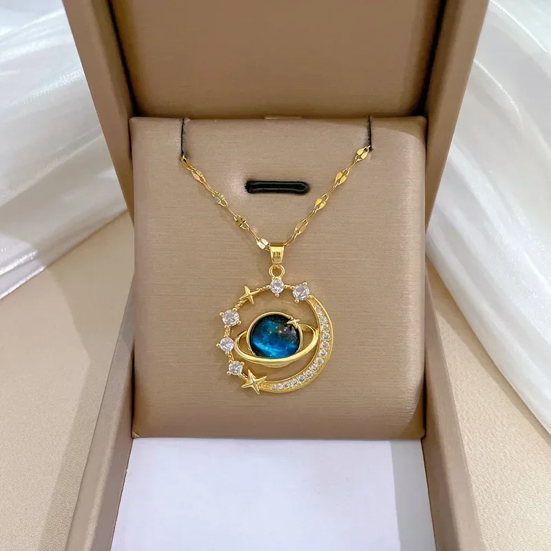 Zircon Saturn Space Earth Pendant Necklace Dainty Blue Planet Necklace Stainless Steel Clavicle Chain Aesthetics Jewelry Collar