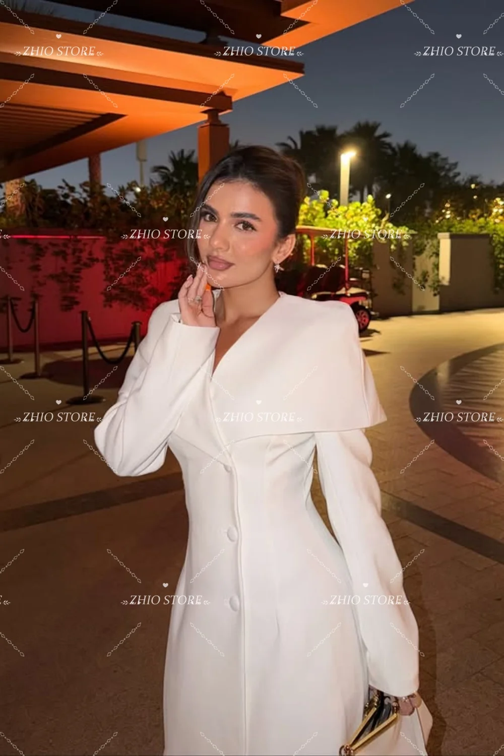 ZHIO Chic Elegant White Dress Regular Wearing A Shawl Button Vestidos De Noche Elegantes 2026 Robe Sandro V-Neck Customized