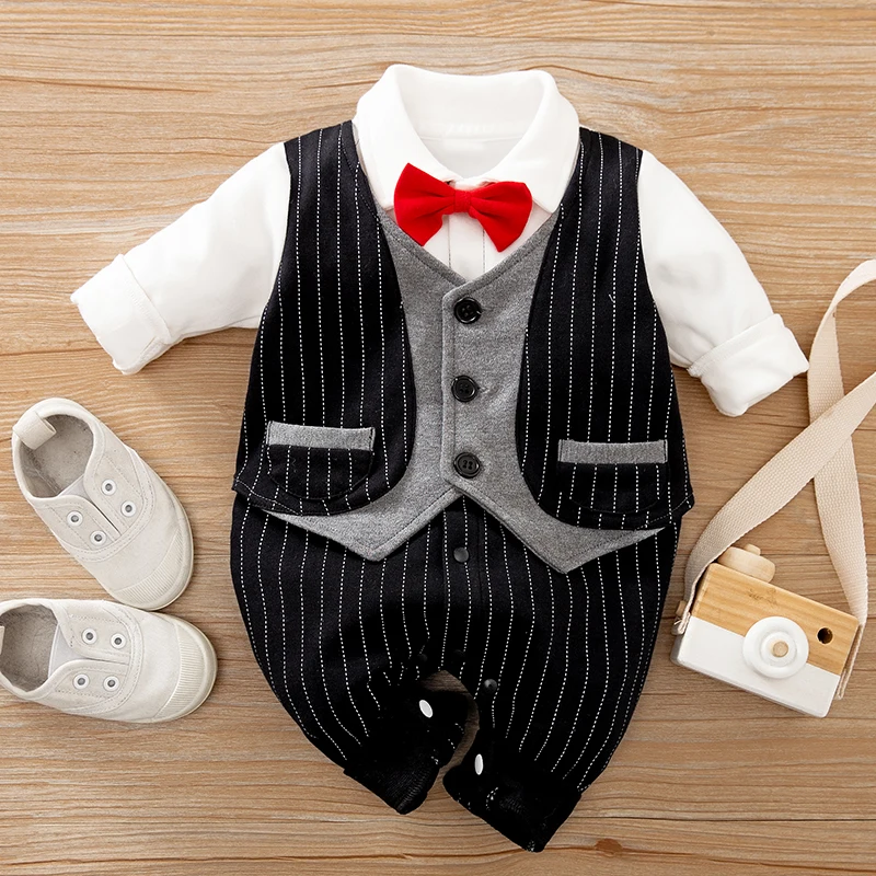 Autumn and winter newborn long sleeved gentleman light blue bow tie pure cotton jumpsuit