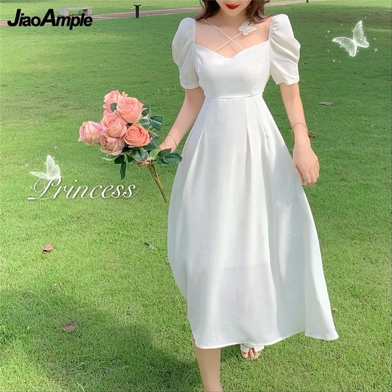 

Women's Summer French White Midi Dress 2024 New Graceful Lace Butterfly Puff Sleeve Evening Party Dresses Korean Bride Clothing