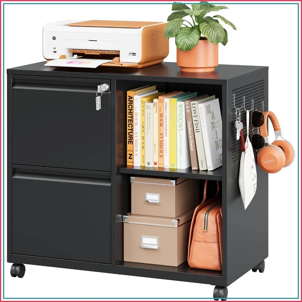 2-Drawer Mobile File Cabinet with Lock, Metal Rolling Printer Stand, Fits A4/Letter/Legal, Black