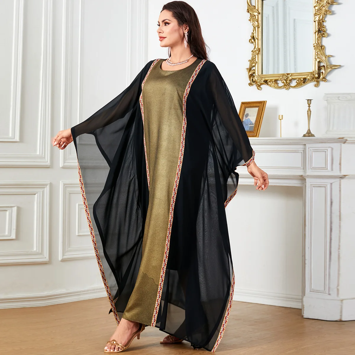 모로코 Kaftan 여성용 블랙 아바야스, 무슬림 배트윙 슬리브, 원피스 Eid Djelaba Caftan Marocain Femme Musulman Jalabiya, 2025 신제품