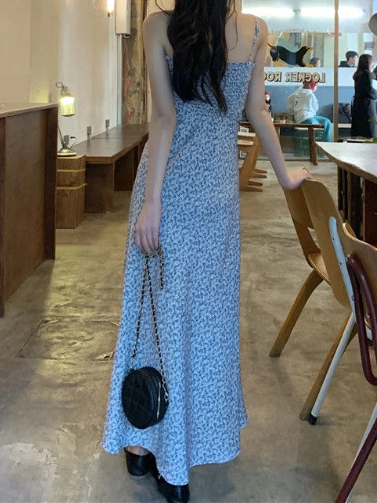 Floral Maxi Dress Women Vintage Backless Streetwear Summer Elegant Prairie Style Girlish Casual Aesthetic Holiday Daily Basics