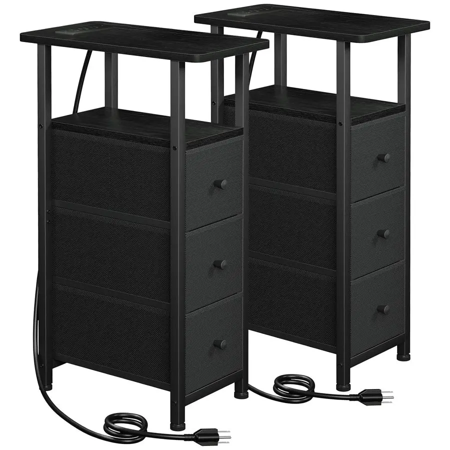 

End Tables Living Room Set of 2 with Charging Station, Skinny Side Table with Fabric Drawers, Slim Nightstand for Bedroom, Small