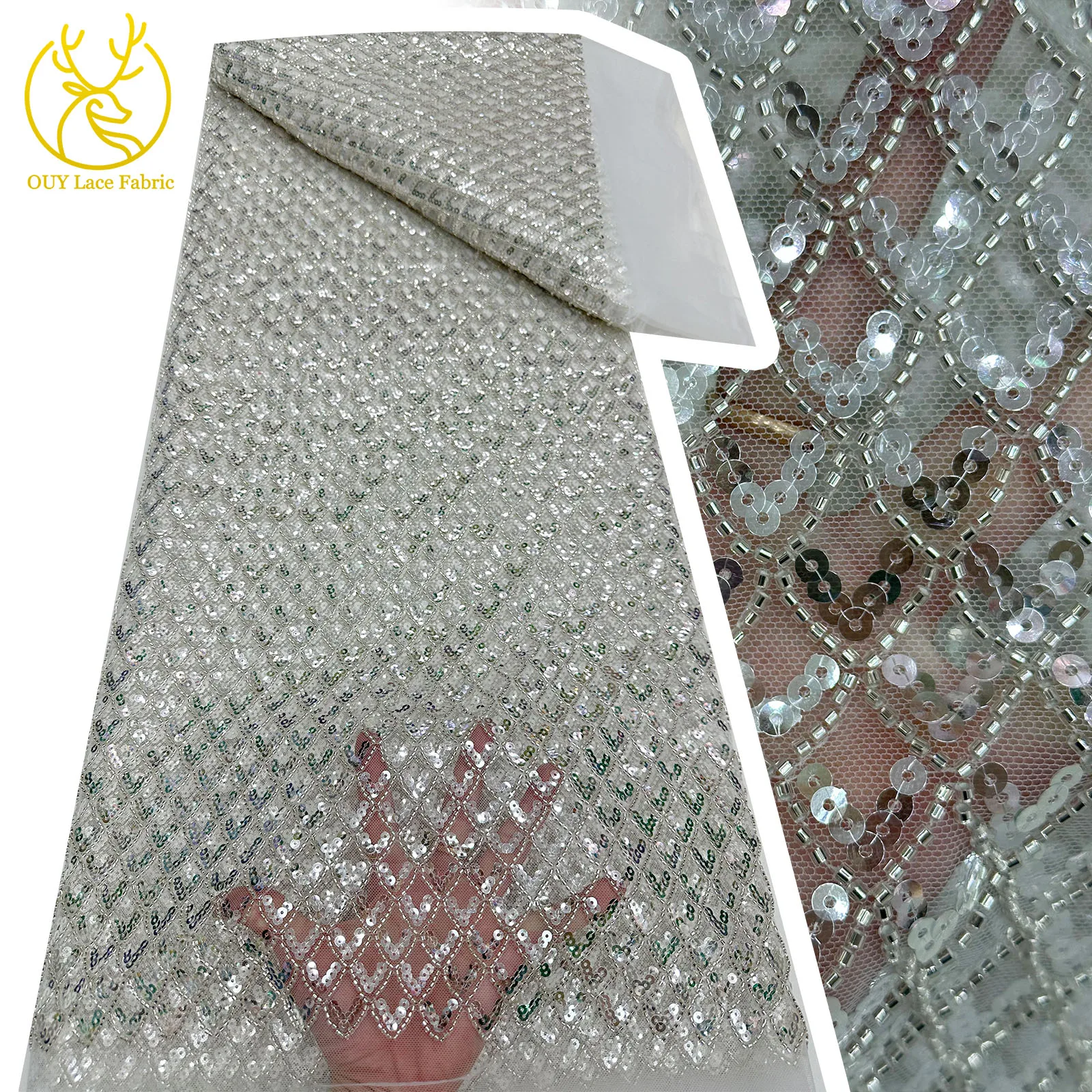 

White African Beaded Lace Fabric 2025 Fashion French Sequins Nigerian Bridal Dresses Mesh Lace Fabric For Women Wedding Party