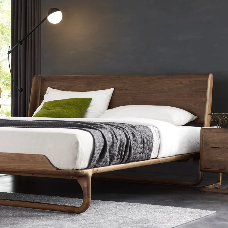 

North American black walnut all solid wood bed 1.8 meters wedding bed double bed master bedroom log backrest light luxury