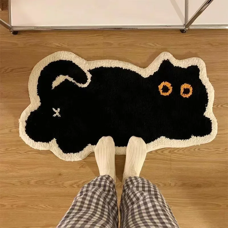 Alfombra de Cachemira de imitación de gato negro, manta para cabecera de cama, dormitorio, puerta, dibujos animados Ins, mesita para café de sala de estar