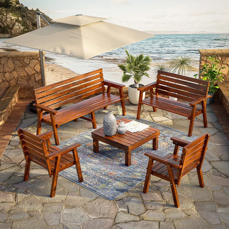 Outdoor anti-corrosive wood sofa Outdoor open-air courtyard Leisure solid wood terrace Garden combination table Chair Waterproof
