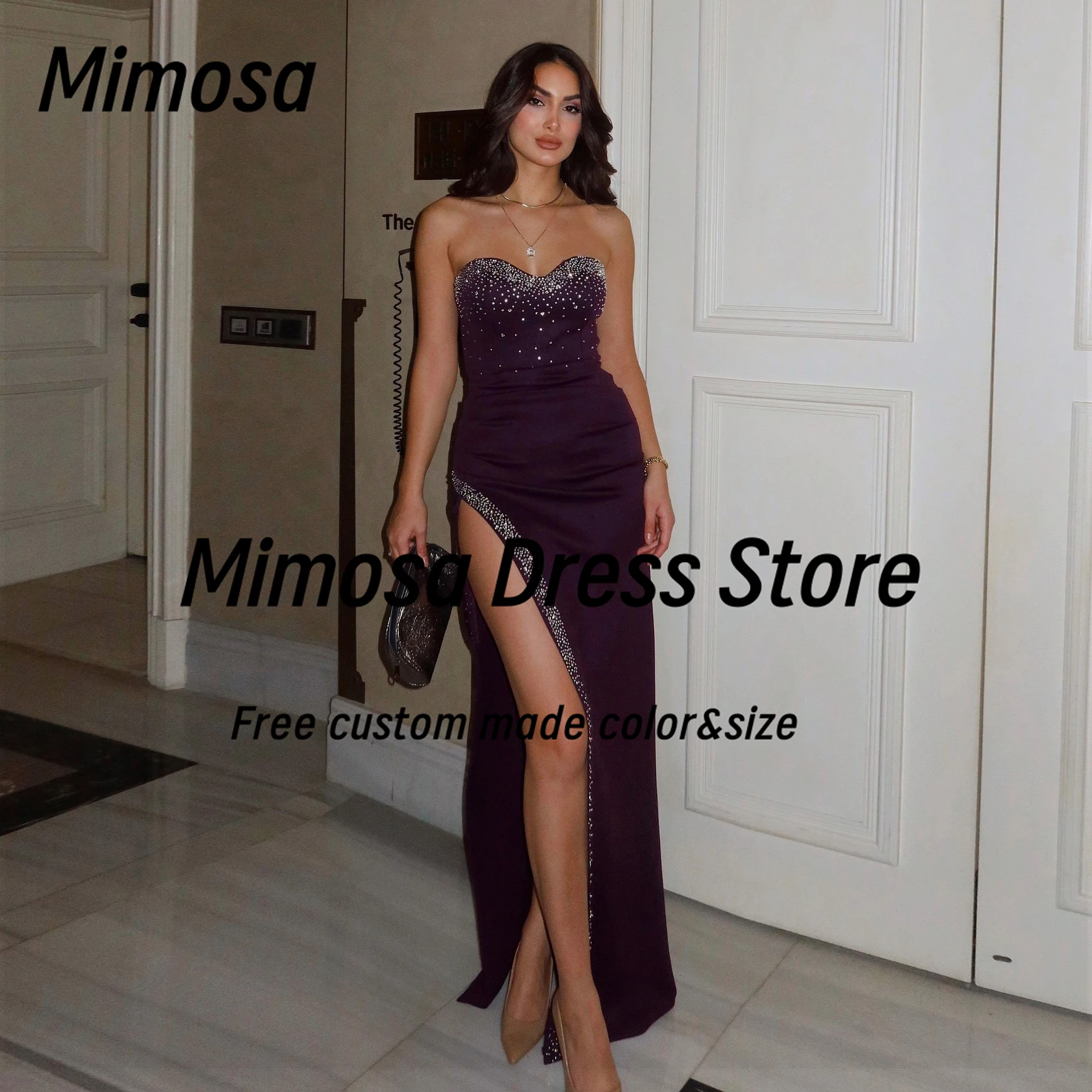 

Mimosa Sweetheart Prom Dresses with Beaded High Side Slit Evening Gowns Long Maid of Honor Wedding Party Dress Customized