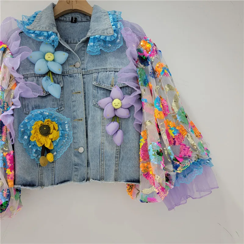 Autumn Mesh Sequins Embroidery Blue Frayed Edges Women Short Denim Jacket Three-dimensional Flower Long Sleeve Jeans Streetwear