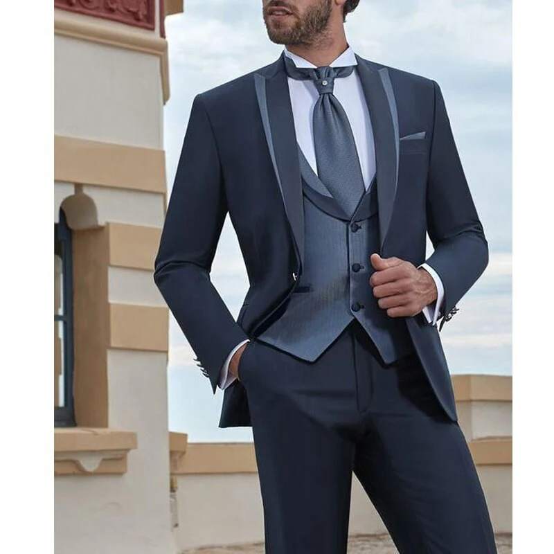 

Custom Men's Suits Costume Hombres Wedding Single Breasted Peaked Lapel Three Piece Jacket Pants Vest Slim Fit Elegant Clothing