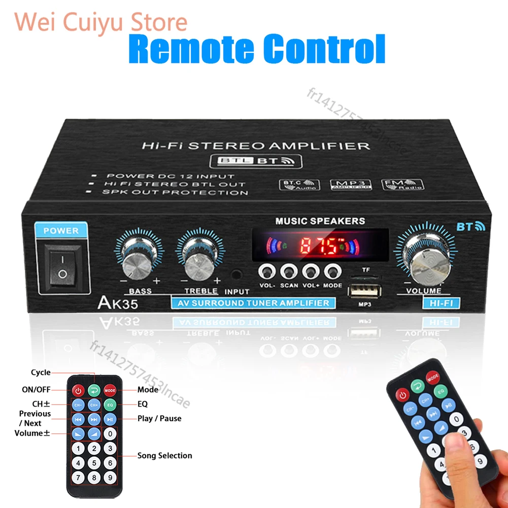 Amplificador de Potencia AK-380 de 800W, 2 Canales, Bluetooth 5.0, Audio Digital, FM, USB, Control Remoto, HIFI Estéreo, Subwoofer, para Casa y Auto