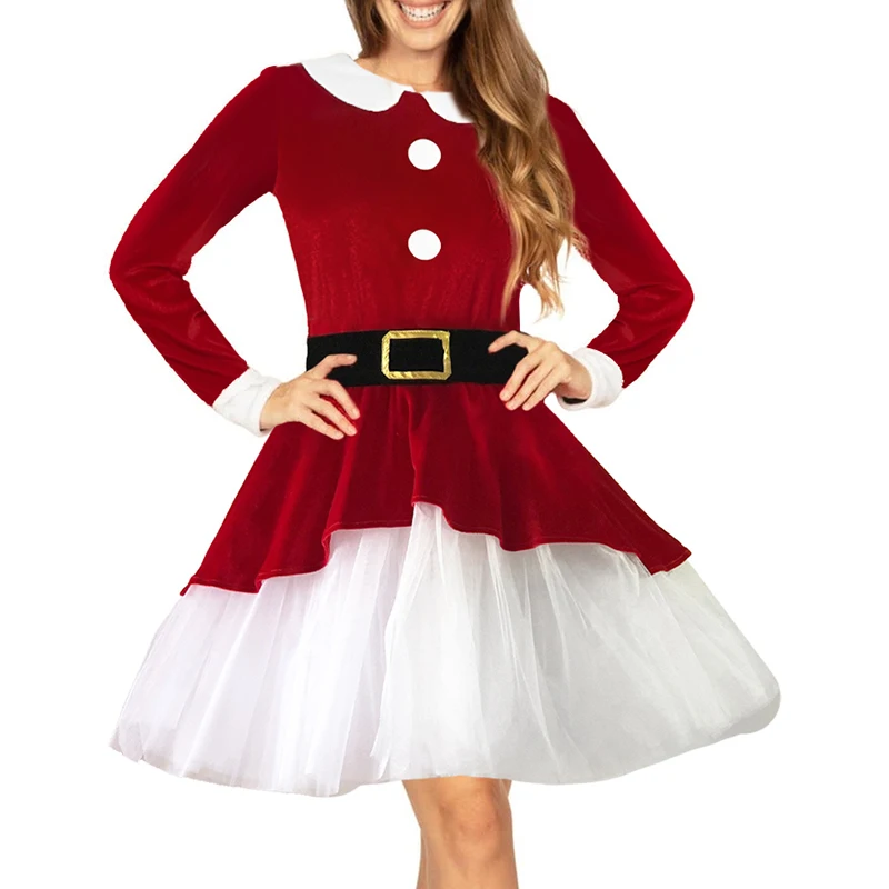 Women Christmas Santa Claus Costumes 3Pcs Velvet Long Sleeve Mesh Hem Dress Hat Belt Cosplay Sets