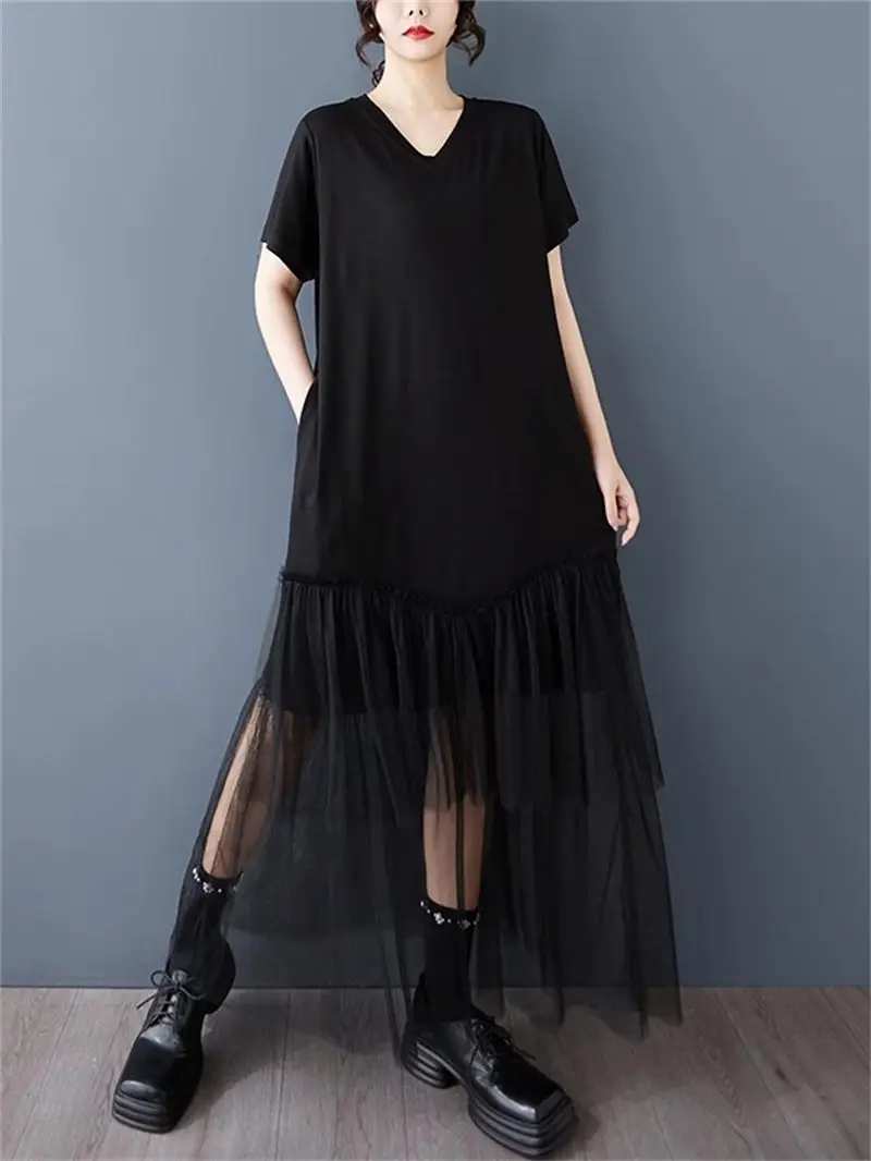 2025 ฤดูร้อนผู้หญิง PLUS ขนาดภาพลวงตา Two-Tone Dress-ตาข่ายใส่เสื้อยืดสีดํา Maxi ชุดลําลอง G274