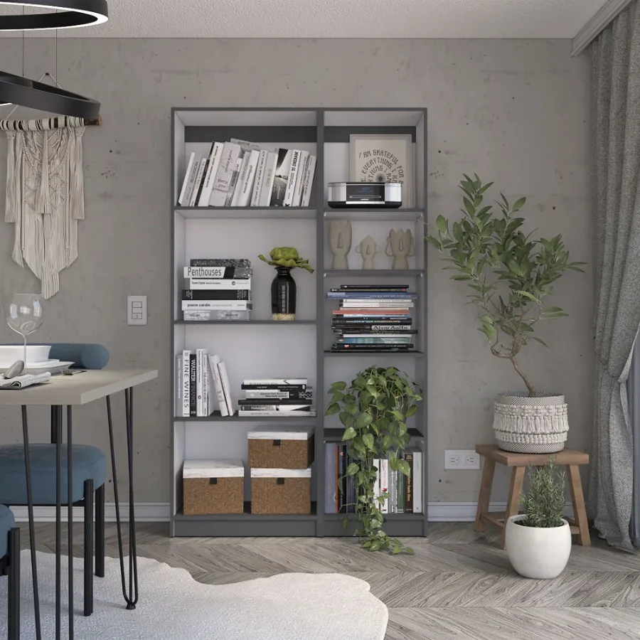 

2 Piece Bookcase Living Room Set Storage Cabinet 42 Wide and 9 Shelves Matt Gray White
