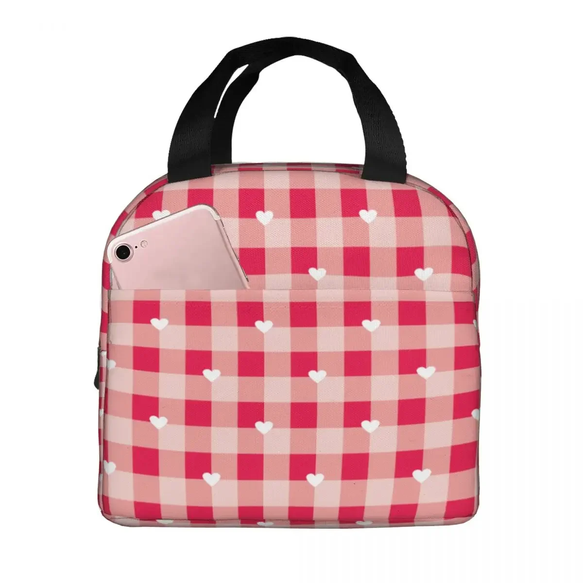 Red Checked Hearts Lunch Bag Portable Insulated Oxford Cooler Bags Thermal Cold Food Work Lunch Box for Women Girl