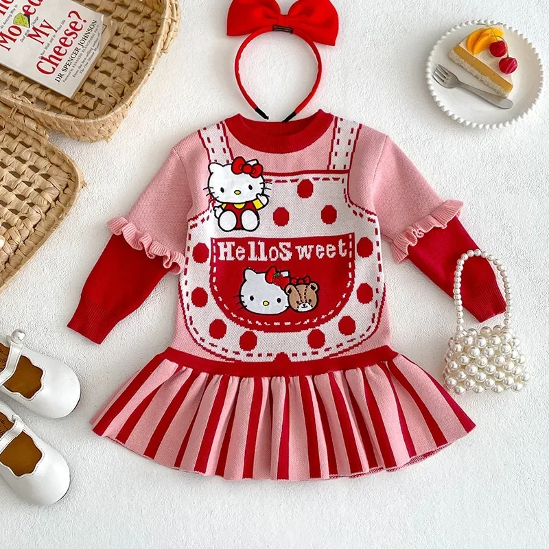 New Kids Dresses for Girls Cute Cartoon Hello Kitty Dress Toddler Girl Dot Red Pink Knitted Dress Princess Birthday Party Dress