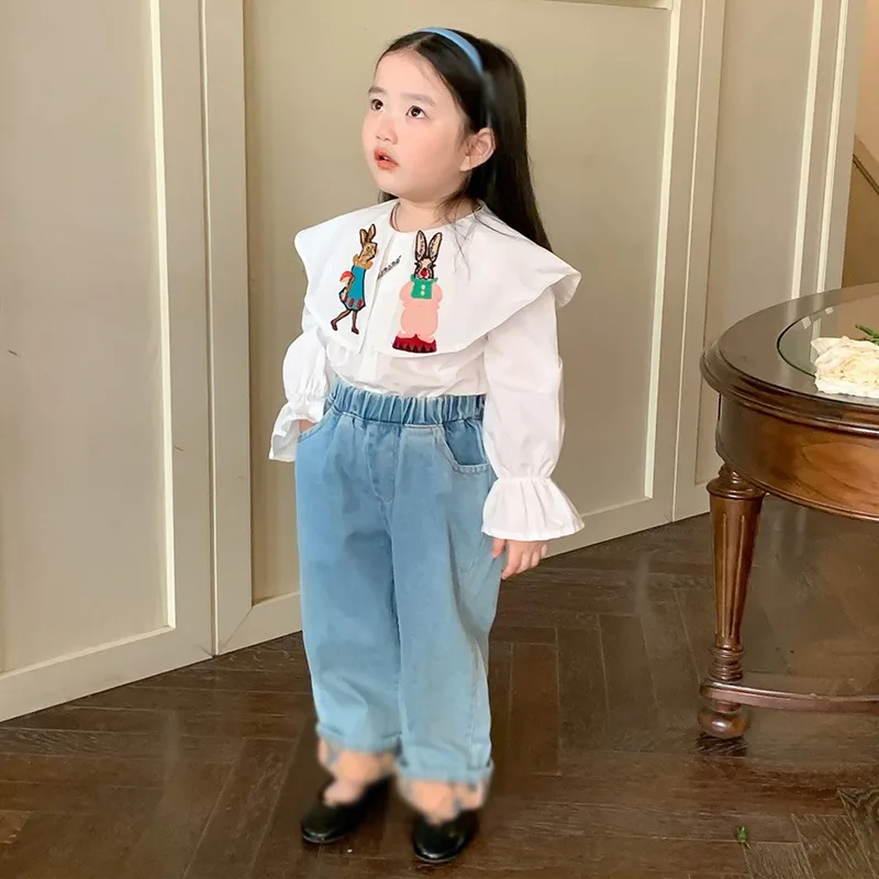 Baby Girls Fashionable Sweet Top Loose Casual Girls Cartoon Printing Embroidery Turn down Collar Long Sleeve Spring Autumn Shirt