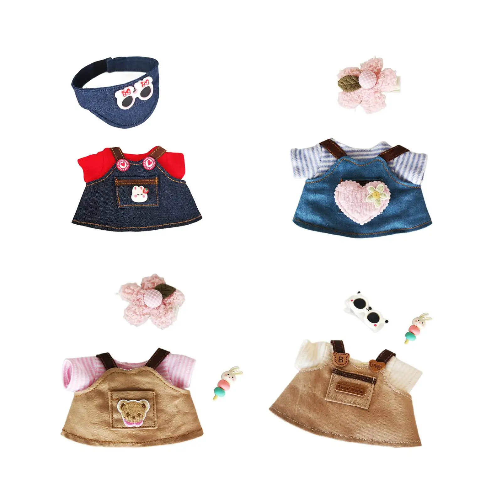 Plush Doll Clothes Set Denim Skirt Set Fashion Cute DIY Costumes Hair Clip Strap T Shirt Stuffed Plush Toy Dress up Accessories