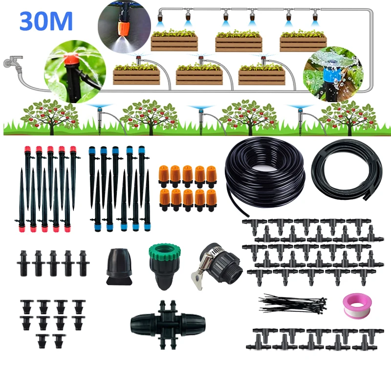 

Micro Drip Irrigation Kit Patio Misting Blank Distribution Tubing Hose Adjustable Nozzle Emitters Sprinkler Barbed Fittings 30M