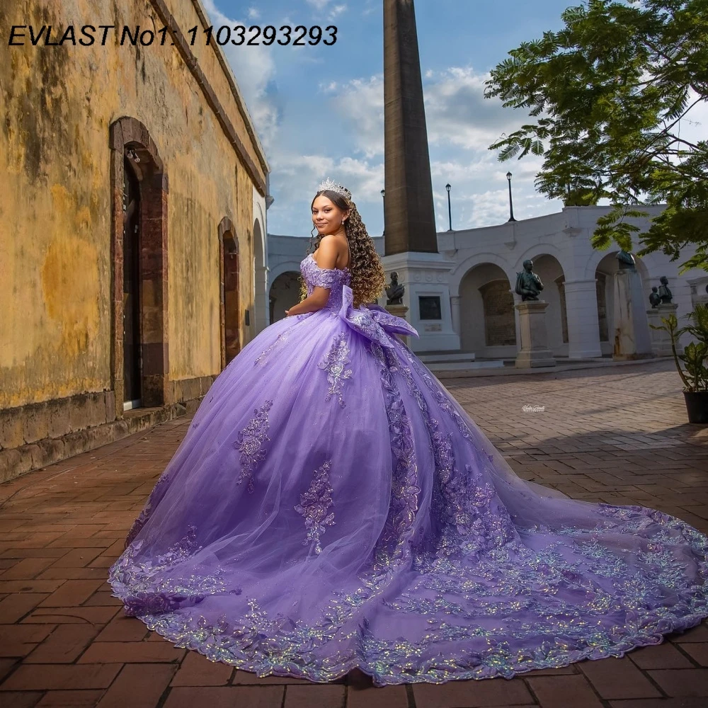 EVLAST Customized Mexican Lavender Quinceanera Dress Ball Gown Sequins Applique Beading Bow Sweet 16 Vestidos De 15 Anos E1QN526