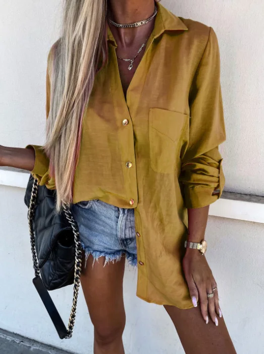 Women's Spring/summer Wear Solid Color Versatile V-Neck Button Pulling Sleeves Flip Collar Shirt Solid Color Top Sexy