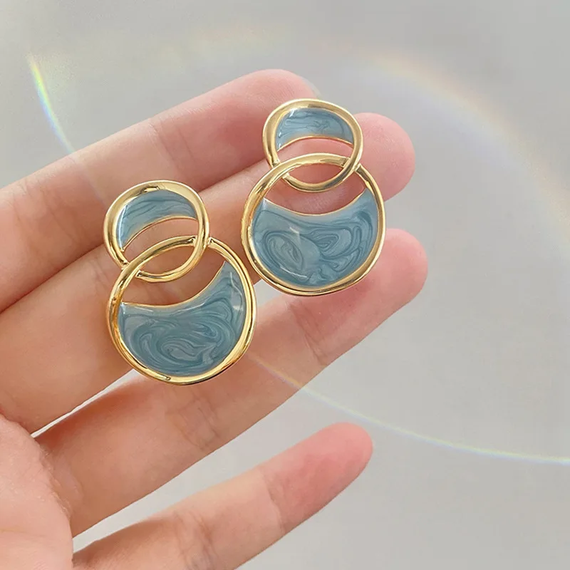 Blue Enamel Oil Hollow Round Earrings for Women Personality Fashion Irregular Geometry Drop Earrings Simple Korean Jewelry Gift