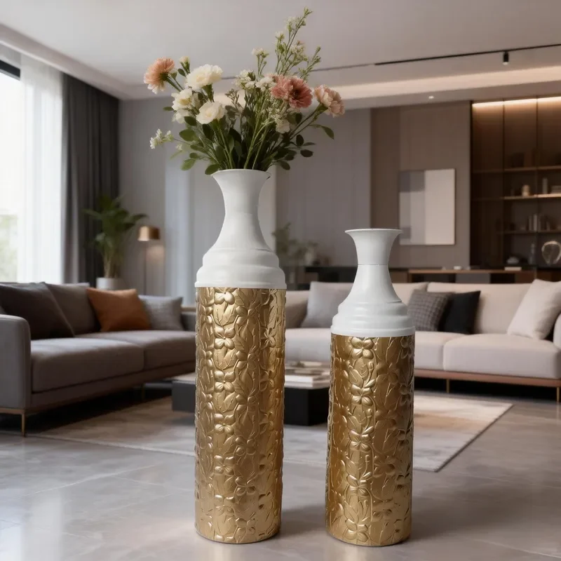 American Retro Floor to Ceiling Large Vase Set Metal Flower Pot Home Living Room Decor Arrangement Bucket Ornament B&B Soft